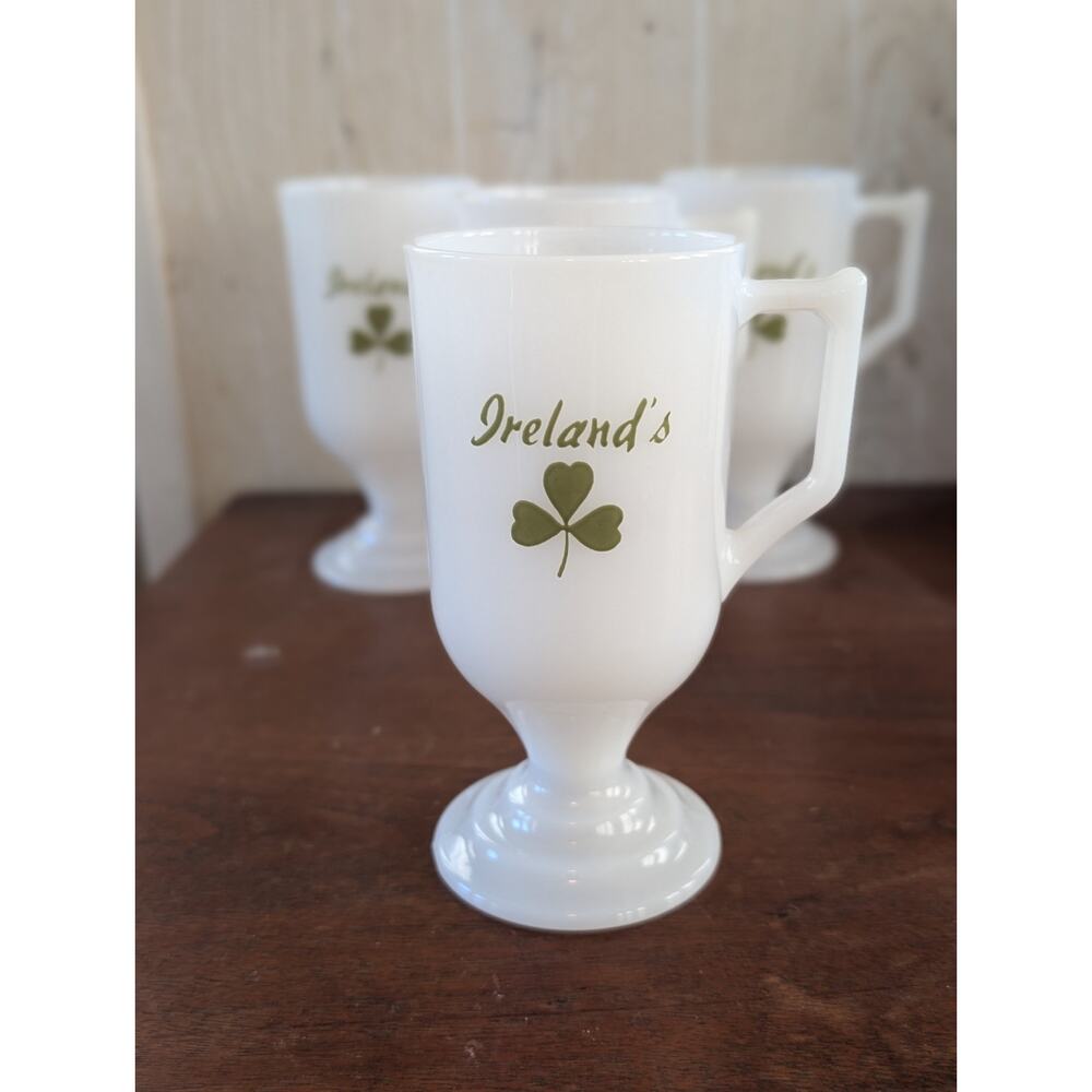 Set of 4 Vintage Ireland Shamrock Footed Pedestal Milk Glass Irish Coffee Mugs